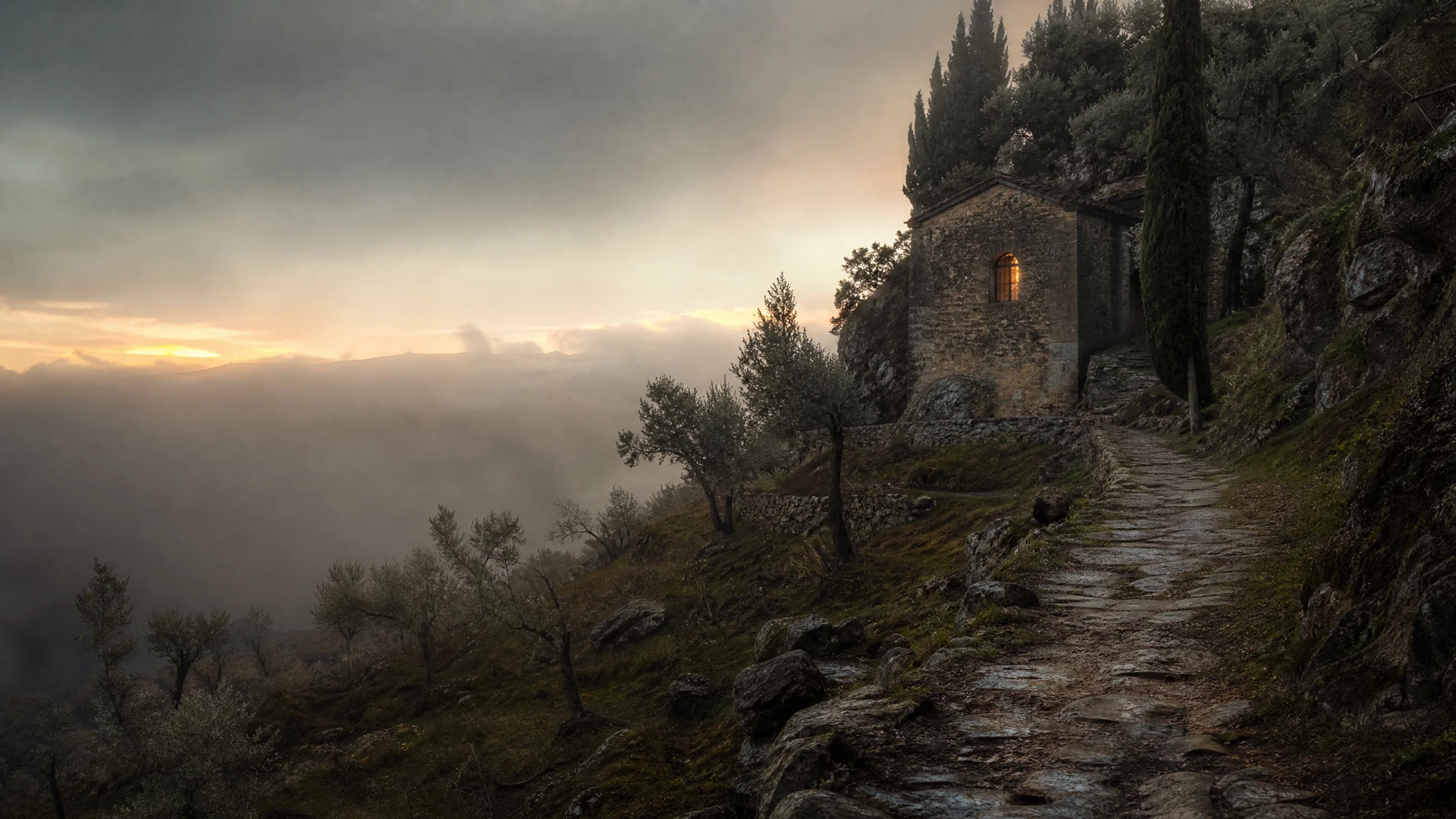 Capela de pedra em uma encosta coberta por neblina ao amanhecer