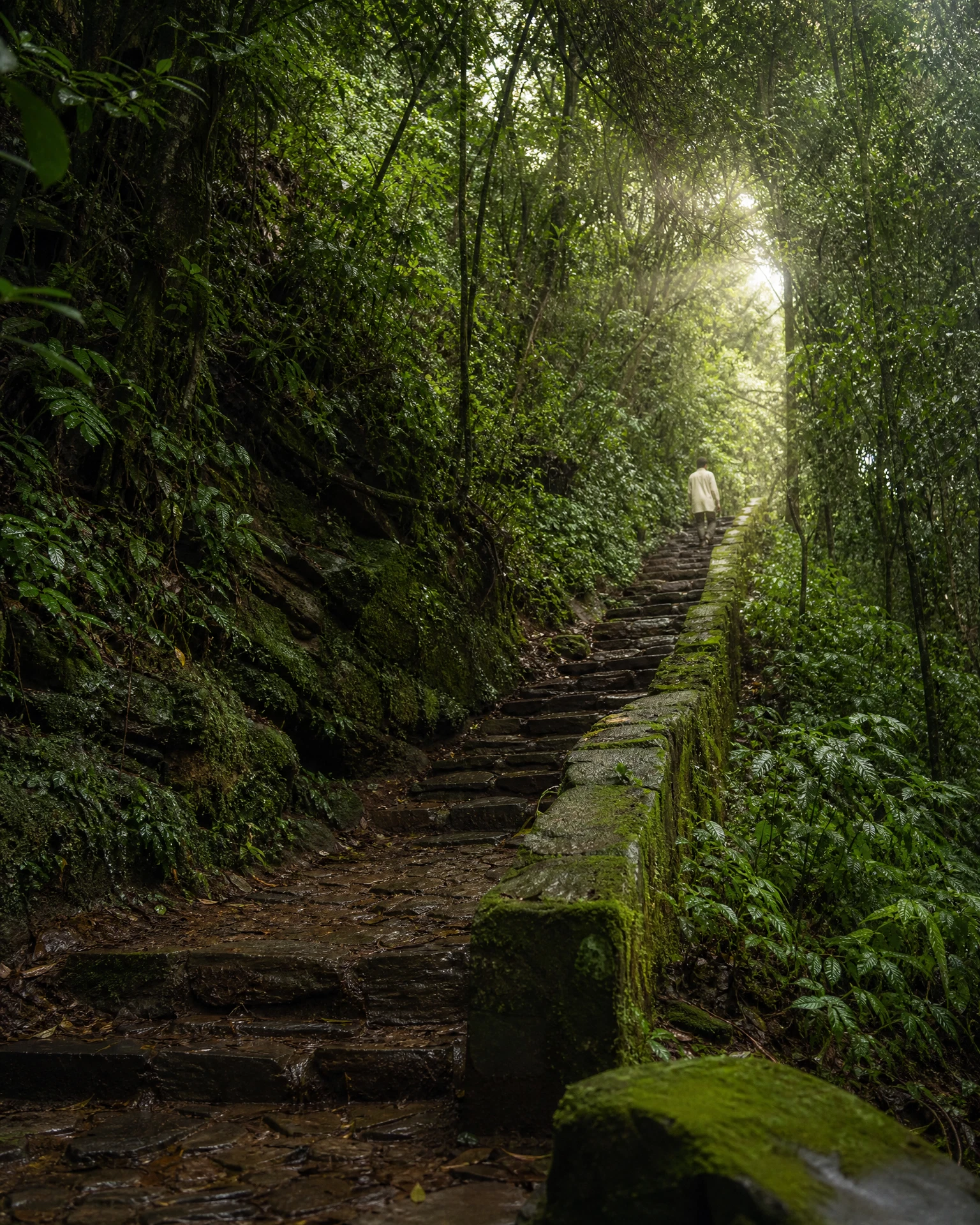 Escadaria de pedra coberta de musgo entrando na mata depois da chuva